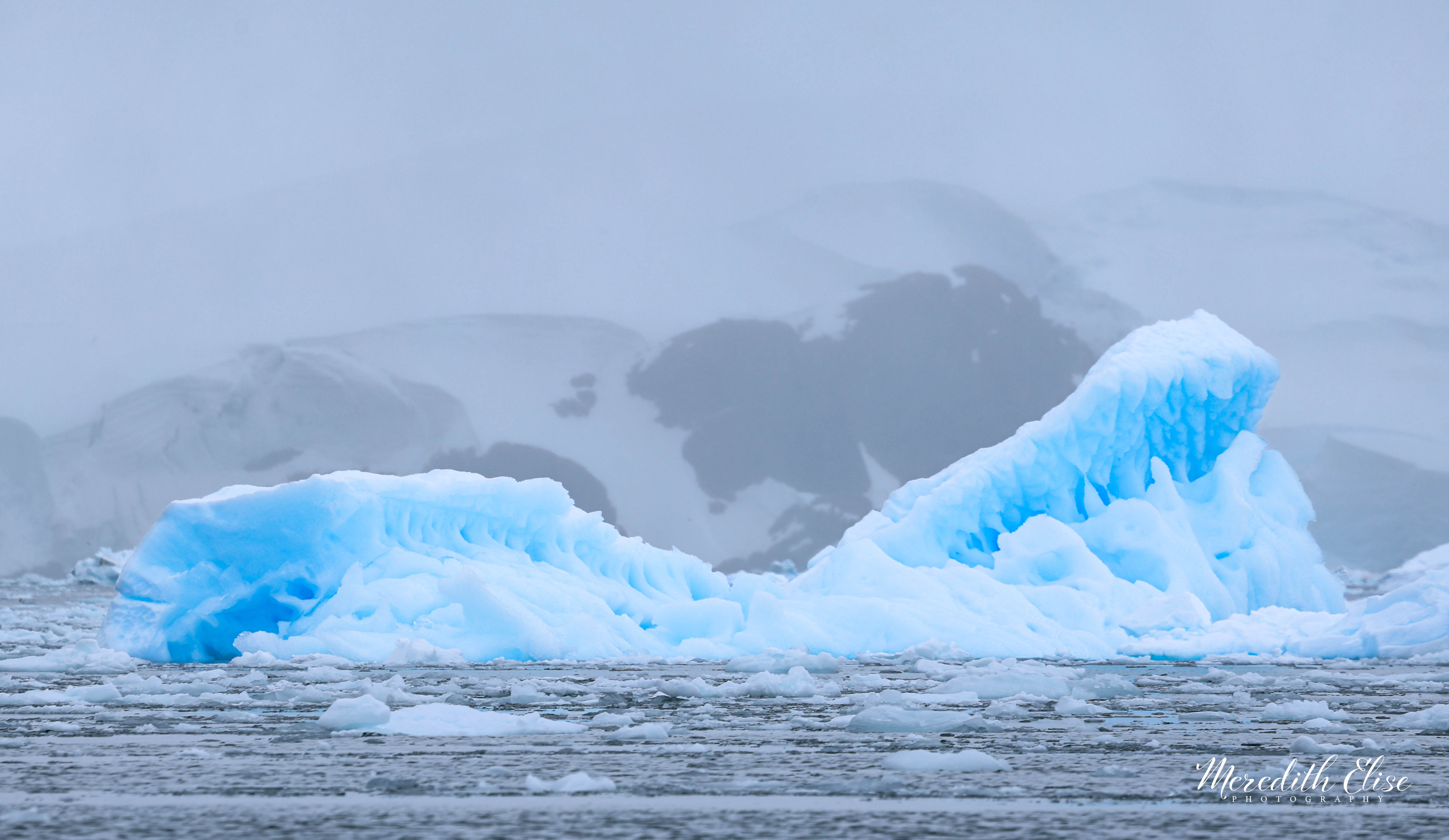 A sculpted blue iceberg adrift in misty Antarctic waters