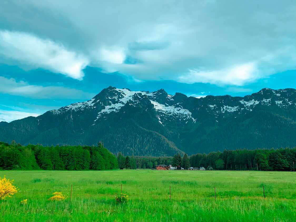 Vivid green valley with a farmstead beneath stormy Cascade peaks