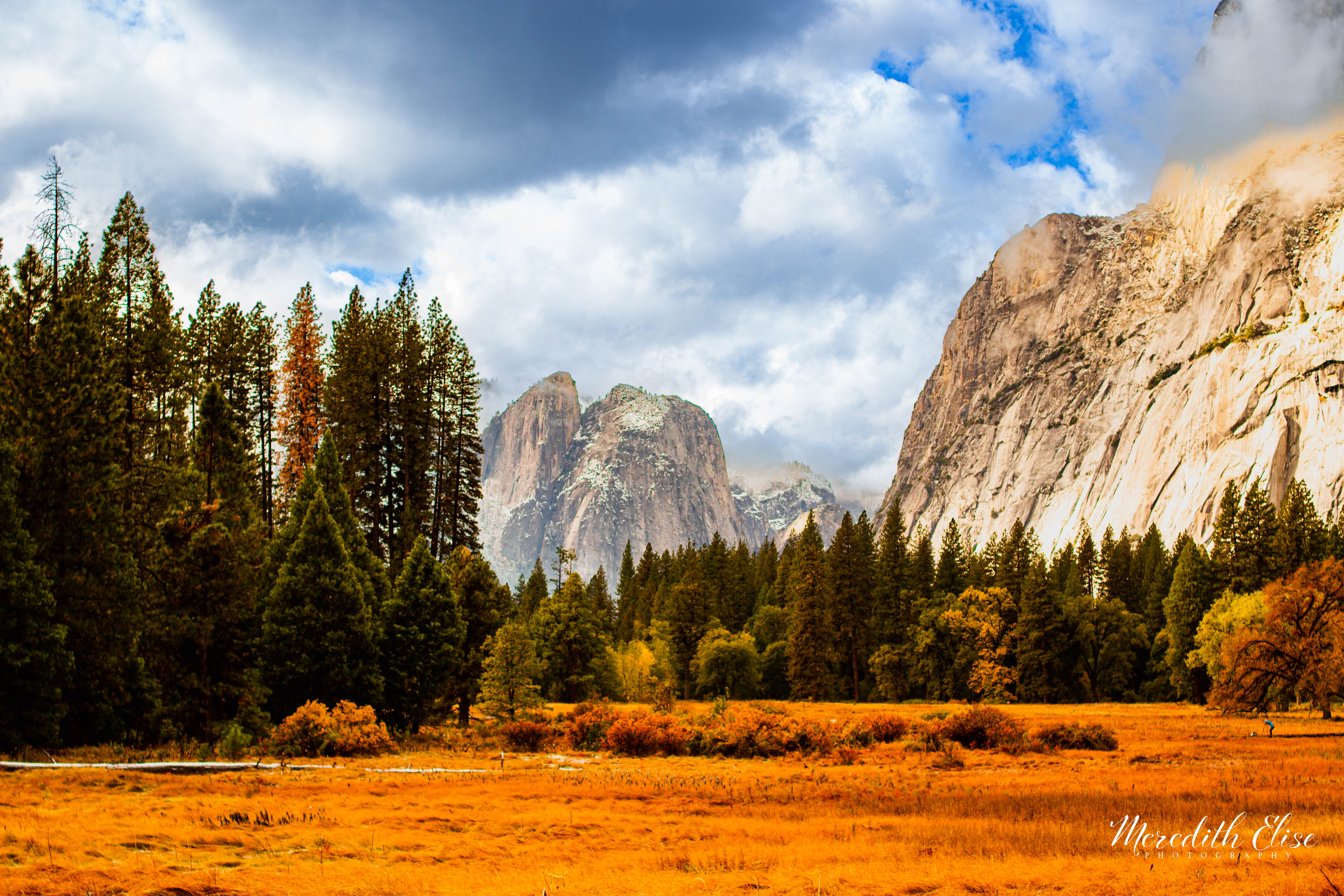 Yosemite Valley in autumn gold with El Capitan rising through the clouds