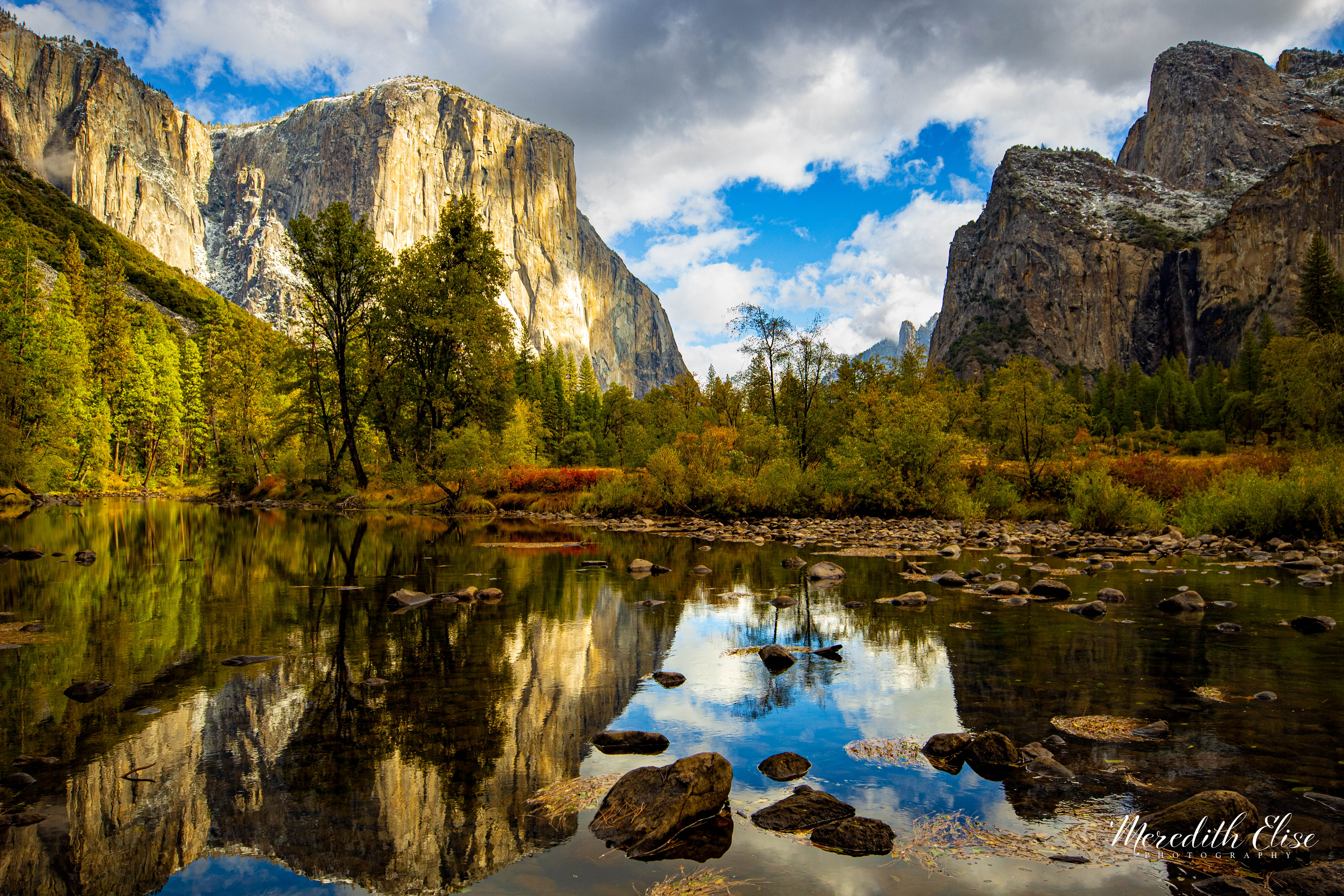 El Capitan and Cathedral Rocks perfectly mirrored in the Merced River
