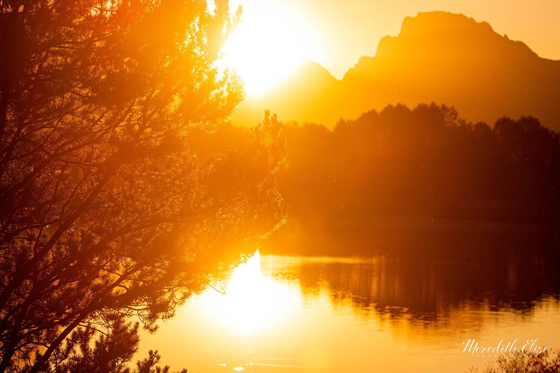 Blazing golden sunset over Oxbow Bend in Grand Teton National Park
