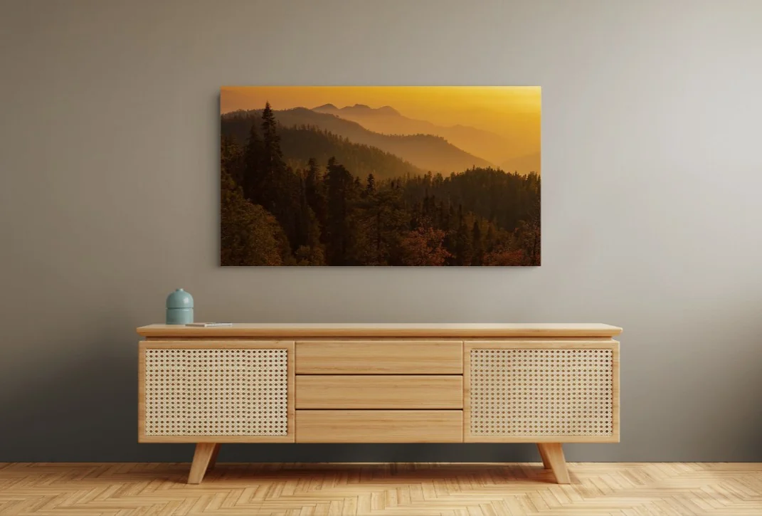 Large format fine art print hanging on a feature wall